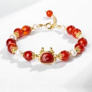 Quiet Warmth, Worn Daily. 14K Gold Plated Year Of The Dragon Red Agate Pearl Fu Character Chain Bracelet (Extra 30% Off | USE CODE: FS30) by AetherFate