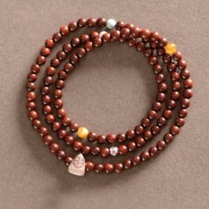 For When You Need Gentle Focus | Sterling Silver Indian Small Leaf Red Sandalwood Fu Character Triple Wrap Bracelet