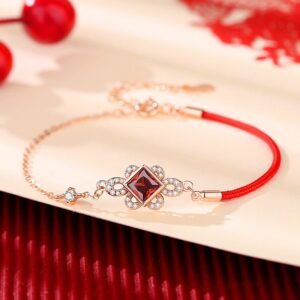 Gentle Focus, Worn Daily. Sterling Silver Chinese Knotting Red Zircon Necklace Pendant Bracelet Earrings Set by AetherFate