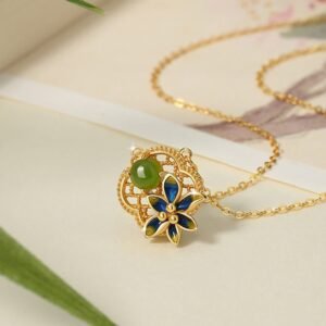 Gentle Focus, Worn Daily. Sterling Silver Four Leaf Clover Flower Hetian Cyan Jade Pearl Necklace Pendant Bracelet Earrings Set by AetherFate