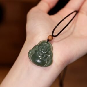 Quiet Wisdom, Worn Daily. Laughing Buddha Hetian Jade Calm Necklace String Pendant by AetherFate