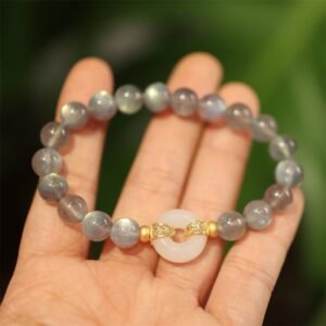 Quiet Wisdom, Worn Daily. Moonstone Heitan Jade Peace Buckle Bracelet by AetherFate