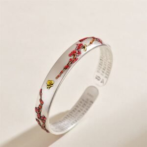 For When You Need Quiet Presence | Plum Blossom Chrysanthemum Flower Design Heart Sutra Bracelet Cuff Bangle