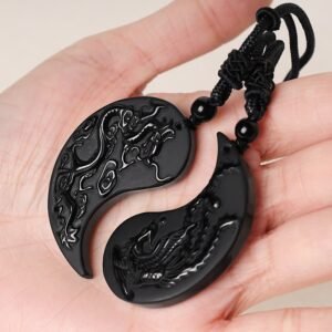 For When You Need Inner Stillness | Black Obsidian Yin Yang Dragon Phoenix Necklace Pendant | AetherFate