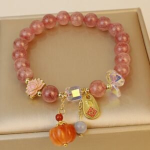 For When You Need Gentle Clarity | Strawberry Quartz Fu Character Pumpkin Charm Positive Bracelet