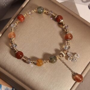 Gentle Clarity, Worn Daily. Fu Lu Shou Rainbow Crystal Rutilated Quartz Butterfly Charm Bracelet by AetherFate