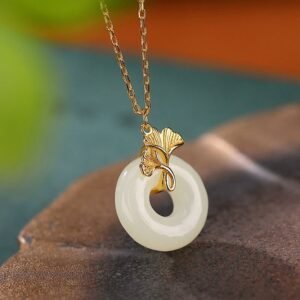 For When You Need Gentle Focus | Sterling Silver Hetian Jade Ginkgo Leaf Peace Buckle Necklace Pendant