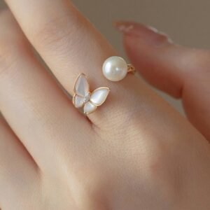 Quiet Warmth, Worn Daily. 14K Gold Plated Copper Pearl Tridacna Stone Butterfly Blessing Ring Bracelet Necklace Pendant Earrings Set by AetherFate
