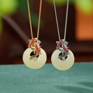 Gentle Focus, Worn Daily. Sterling Silver Hetian Jade Peace Buckle Koi Fish Necklace Pendant by AetherFate