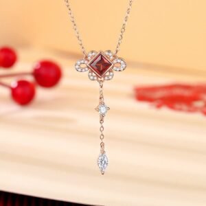 For When You Need Gentle Focus | Sterling Silver Chinese Knotting Red Zircon Necklace Pendant Bracelet Earrings Set