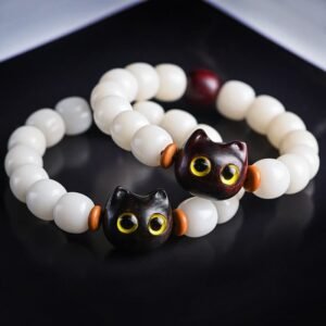 For When You Need Quiet Presence | Bodhi Seed Small Leaf Red Sandalwood Ebony Wood Cute Cat Wisdom Bracelet
