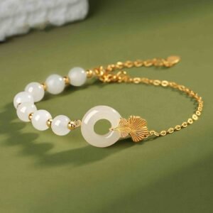 Gentle Focus, Worn Daily. Sterling Silver Hetian White Jade Peace Buckle Ginkgo Leaf Bracelet by AetherFate