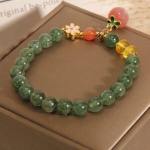 Gentle Clarity, Worn Daily. Green Strawberry Quartz Love Peach Charm Bracelet by AetherFate
