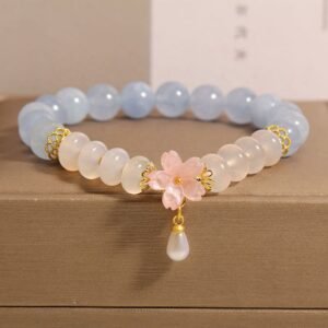 For When You Need Steady Presence | Aquamarine White Agate Pearl Abacus Beads Flower Bracelet