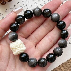 Silver Sheen Obsidian Bodhi Seed Ivory Fruit Dancing Lion Bracelet | Your Quiet Daily Anchor for Gentle Focus | AetherFate