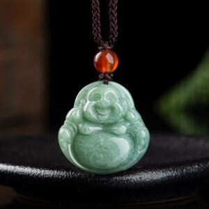 Quiet Wisdom, Worn Daily. Laughing Buddha Cyan Jade Success Necklace String Pendant by AetherFate