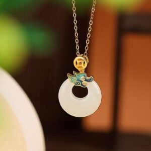 Sterling Silver Plated Gold Year of the Dragon Hetian Jade Peace Buckle Copper Coin Abundance Necklace Pendant | Your Quiet Daily Anchor for Gentle Focus | AetherFate