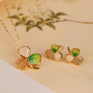 For When You Need Gentle Focus | Sterling Silver Plated Gold Hetian Jade Shamrock Clover Necklace Pendant Earrings