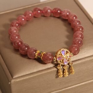 Strawberry Quartz Four Leaf Clover Dreamcatcher Charm Love Bracelet | Your Quiet Daily Anchor for Gentle Clarity | AetherFate