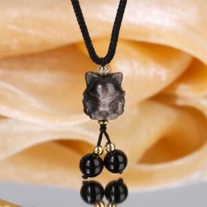 For When You Need Gentle Focus | Silver Sheen Obsidian Nine Tailed Fox Necklace Pendant