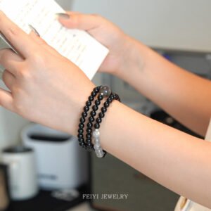 Natural Black Agate Gray Moonlight Bracelet Stacked with Three Circles of Beads Niche Male and Female Couple Gift Design Trendy Bracelet