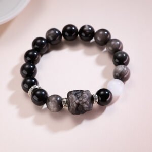 Black Obsidian Bracelet | Dark Night Meets Soft White Glow | AetherFate
