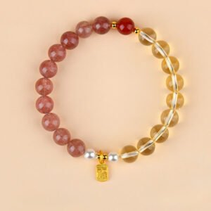 Rosy Soft Pink Strawberry Quartz Fu Charm Bracelet
