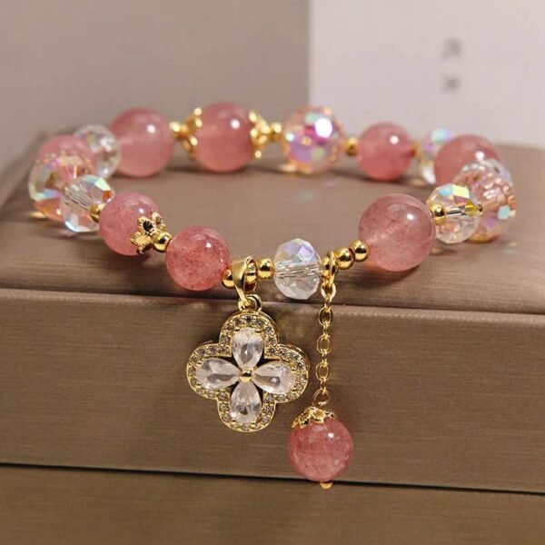 Rosy Soft Pink Strawberry Quartz Clover Bracelet – view 3