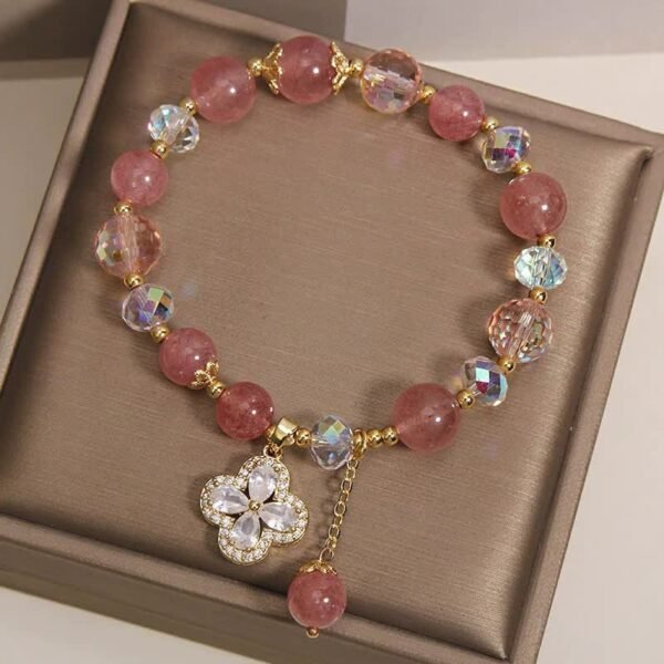 Rosy Soft Pink Strawberry Quartz Clover Bracelet – view 5