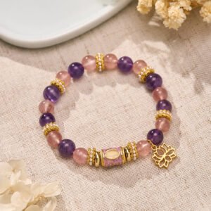 Rosy Soft Pink Strawberry Quartz Lotus and Amethyst Bracelet