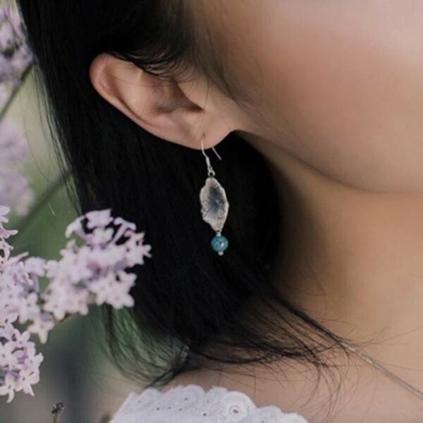 Peaceful Awareness, Worn Daily. Turquoise Ginkgo Leaf Earrings – view 2