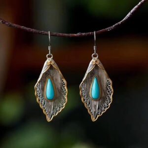 Blue-Green with Matrix Turquoise Leaf Earrings