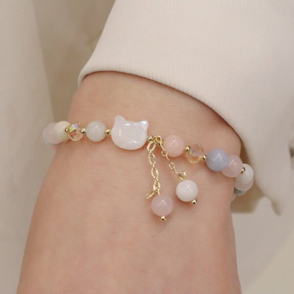 Rosy Soft Pink Strawberry Quartz Cat Charm Bracelet – view 6