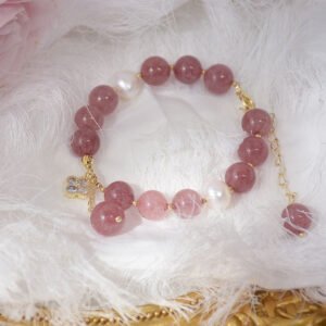 Rosy Soft Pink Strawberry Quartz Clover and Pearl Bracelet