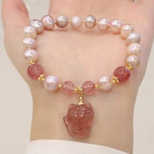 Strawberry Quartz Fox and Pearl Bracelet